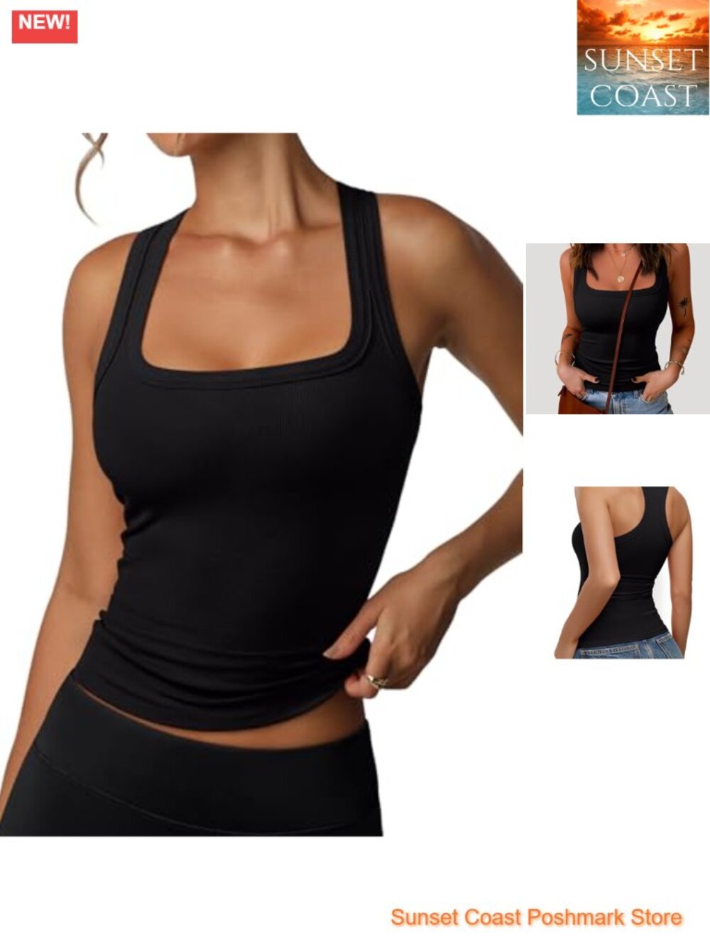 Women's Square Neck Racerback Tank Top with Built In Bra Sleeveless Ribbed